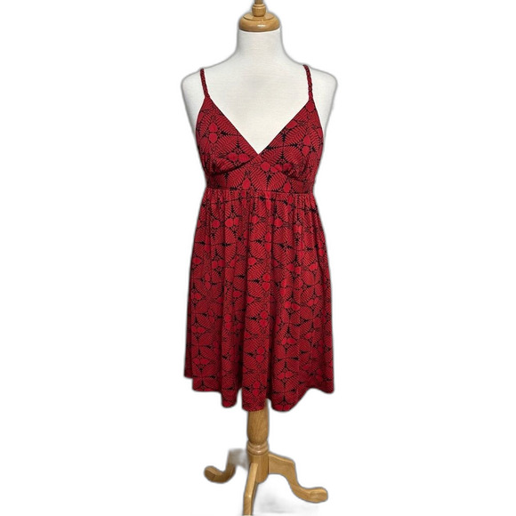Silk Nieves Lavi New York Red Black Print Slip Dress - Resort Beach Women Size 8 - Picture 1 of 6